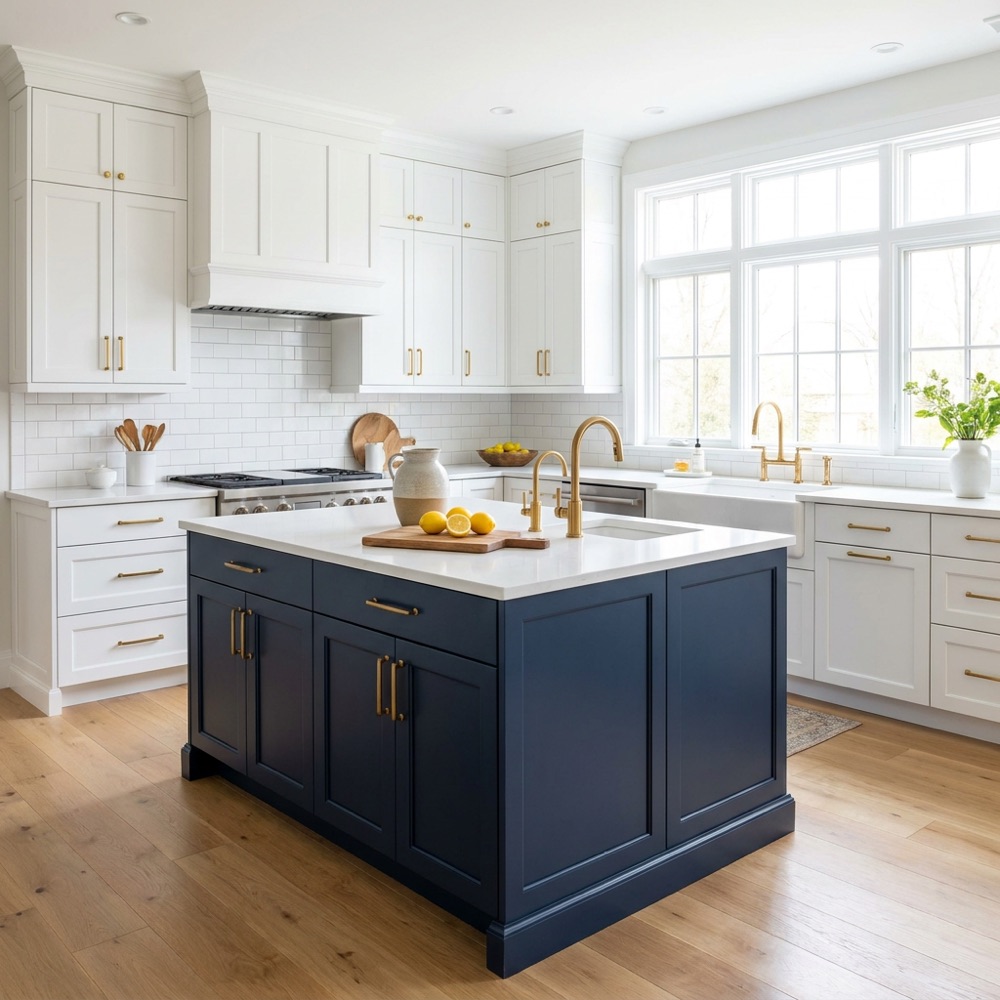 Kitchen with freshly painted white shaker cabinets and a navy island