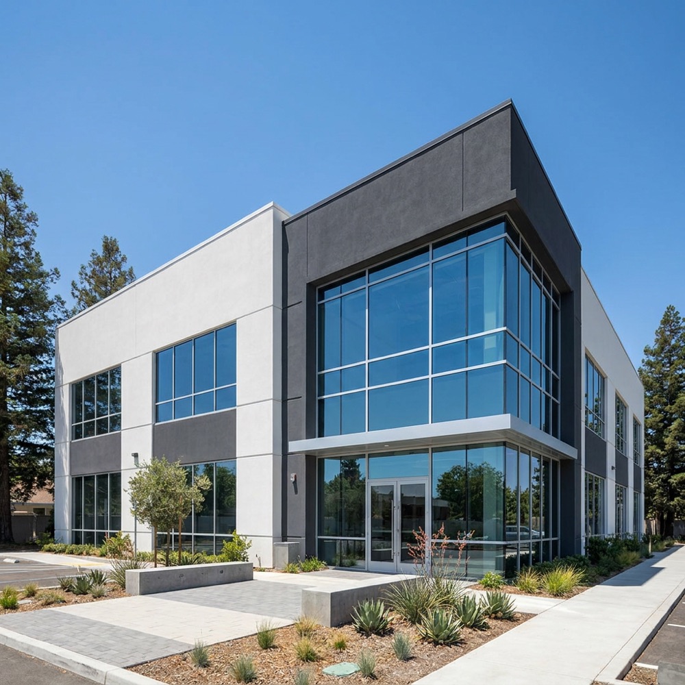 Modern commercial office building with a freshly painted facade
