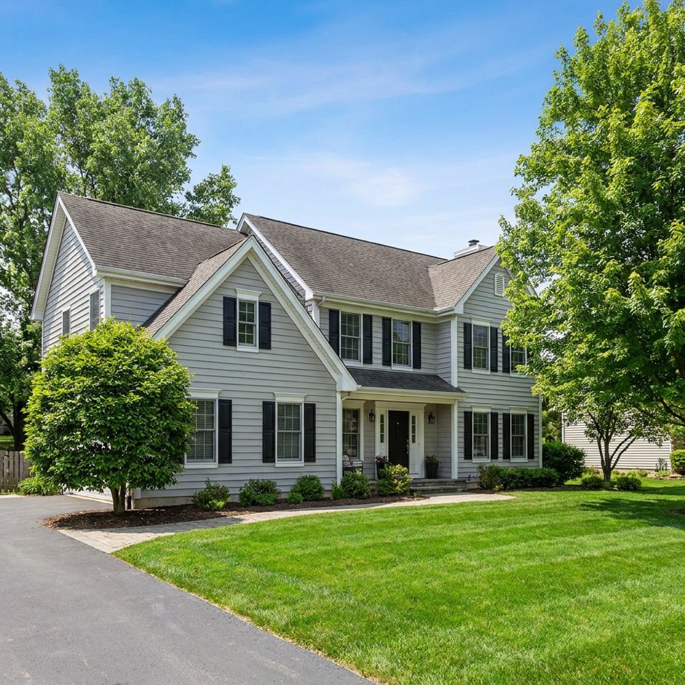 Two-story home exterior with freshly painted gray siding and white trim