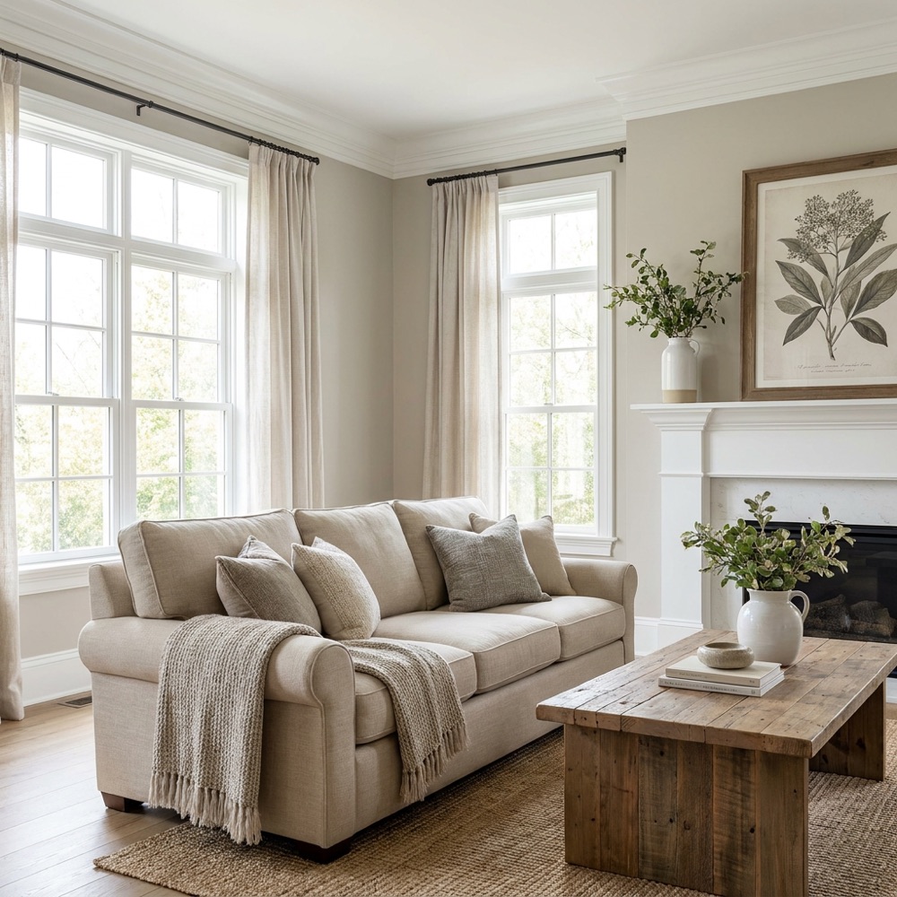 Freshly painted living room with warm neutral walls and white trim